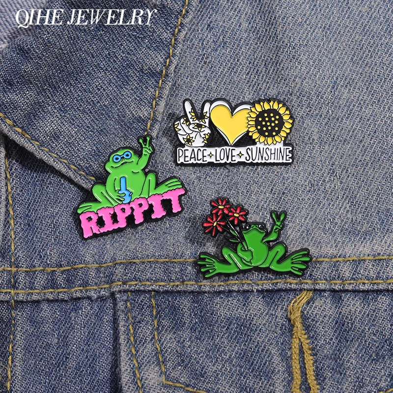 

Peace Love Frogs Enamel Pins Cartoon Animal Sunshine Sunflower Hard Brooches Backpack Lapel Badges Jewellery Accessories Gifts