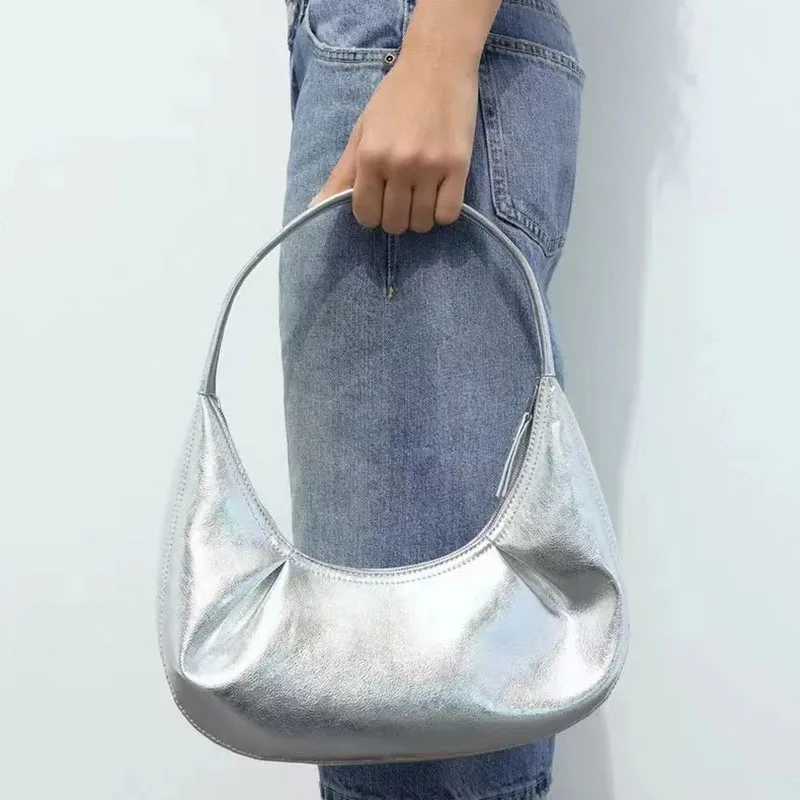 

New Silver Hobos Women Shoulder Bags Designer Ruched Lady Handbags Luxury Pu Leather Small Tote Female Purses