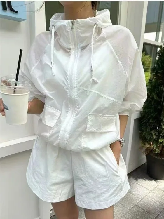 

Korean Style Women's Spring Summer Short Sleeve Hooded Sun Protection Clothes Side Drawstring Unique Design Sensation Jacket