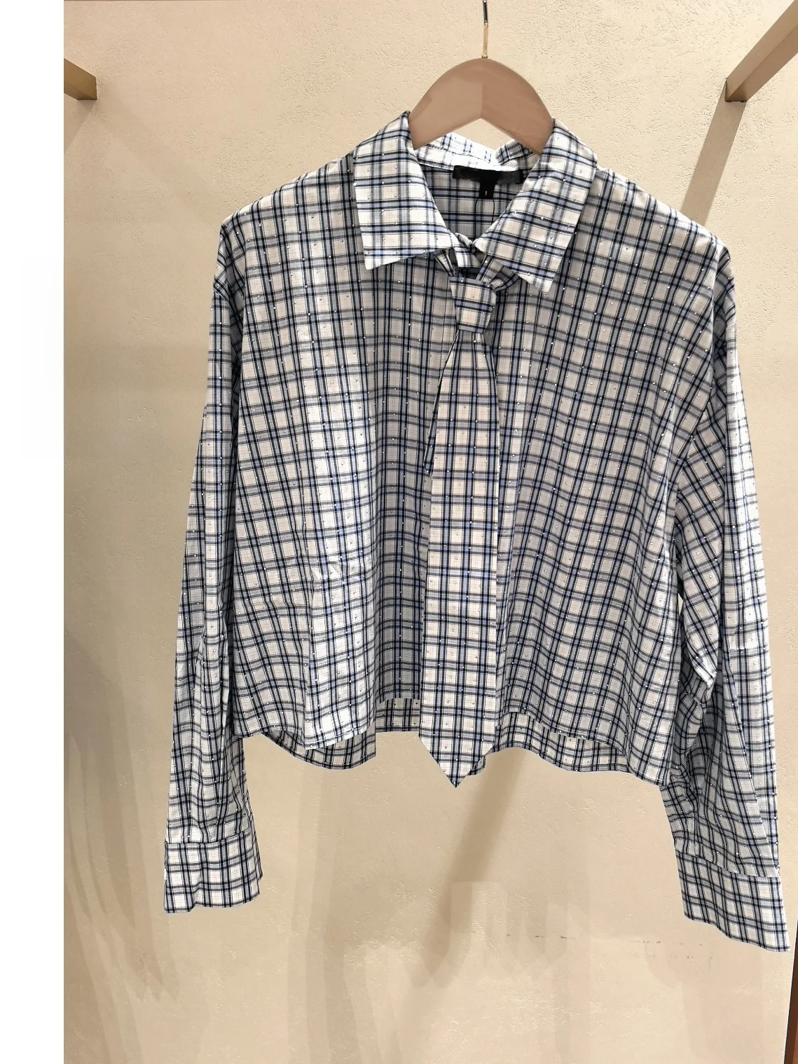 

Синяя клетчатая декоративная рубашка с завязками и стразами, повседневная, свободного кроя, женская, весна 2026, HEIDDM, ранняя весна, в студенческом стиле