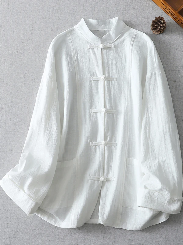 Chinese Sle Cotton Linen Loose Casual irt Long Sve Stand Collar Zen Tai Chi Clothing Large Size Women's Faionable Bu...