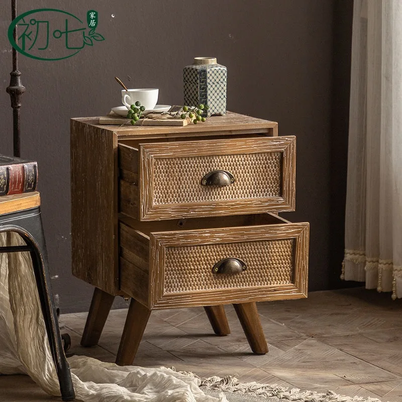 American retro bedroom bedside table B & B decoration bedside few wabi sandy wind solid wood living room sofa storage side cabin