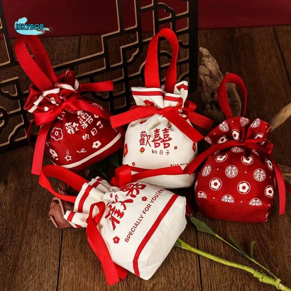

Floral Canvas Drawstring Bag Large Capacity Letter Small Flower Wrist Bag Bucket Bag Korean Style Festive Sugar Bag Wedding