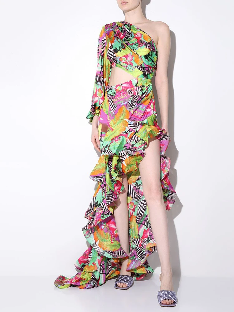 Vestido de festa à noite sexy um ombro floral impresso babados split vestido longo para mulher gola diagonal cortar