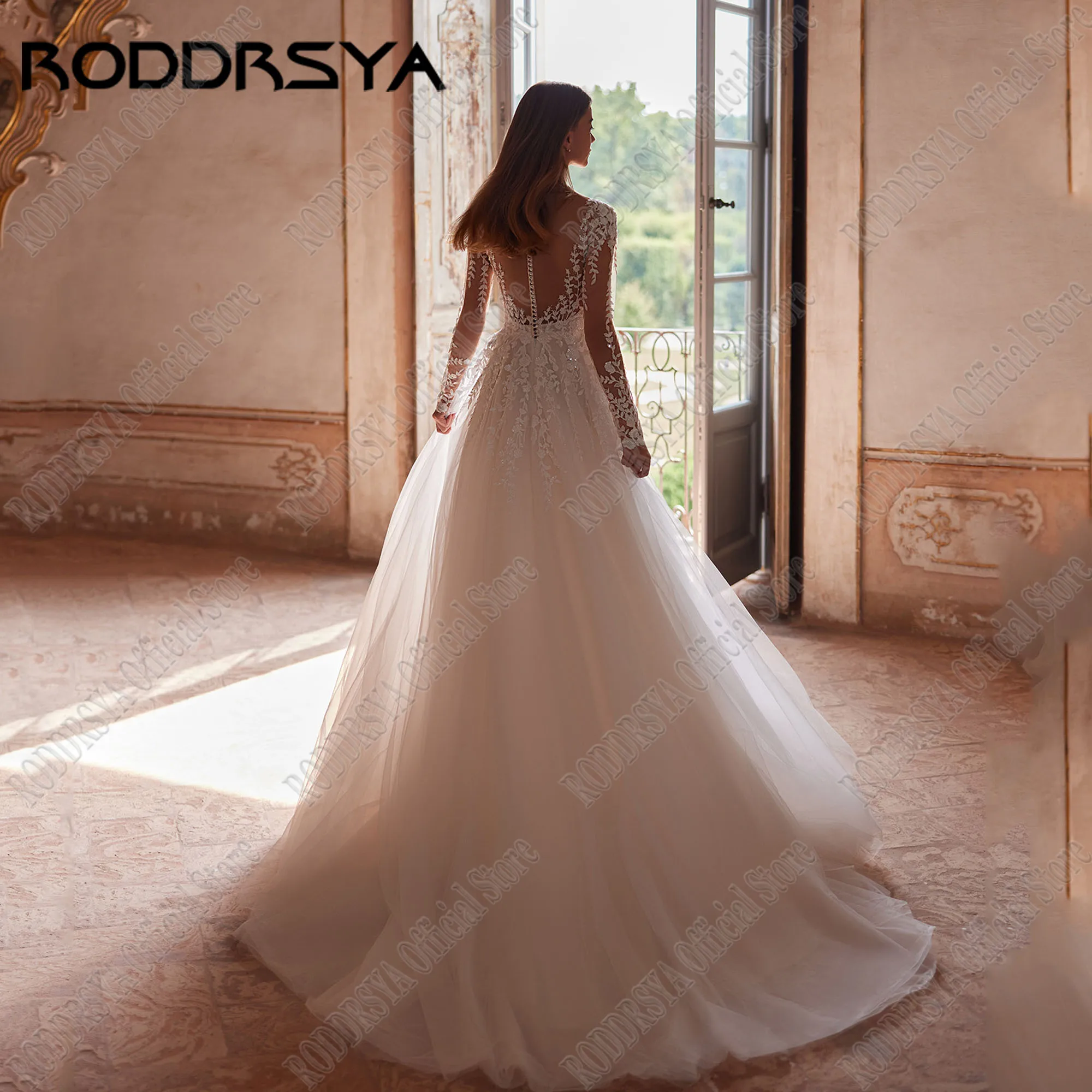 Roddrsya charmante Tüll Brautkleid lange Ärmel o Hals Applikation Vestidos de Novia eine Linie Brautkleid Sweep Train angepasstRODDRSYA Charming Tüll Brautkleid Lange Ärmel O-Ausschnitt Applikation Vestidos De Novia A