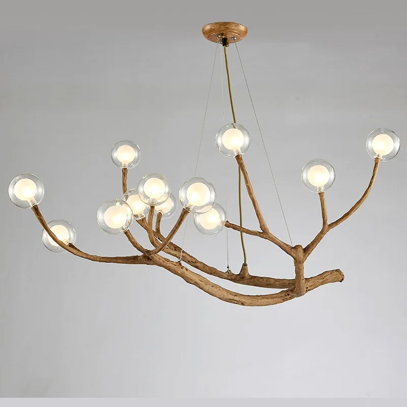 Modern Glass Bubble LED Chandelier, Living Room, Dining Room, Retro Home Decoration, Simulated Resin Iron Tree Lighting Fixtures