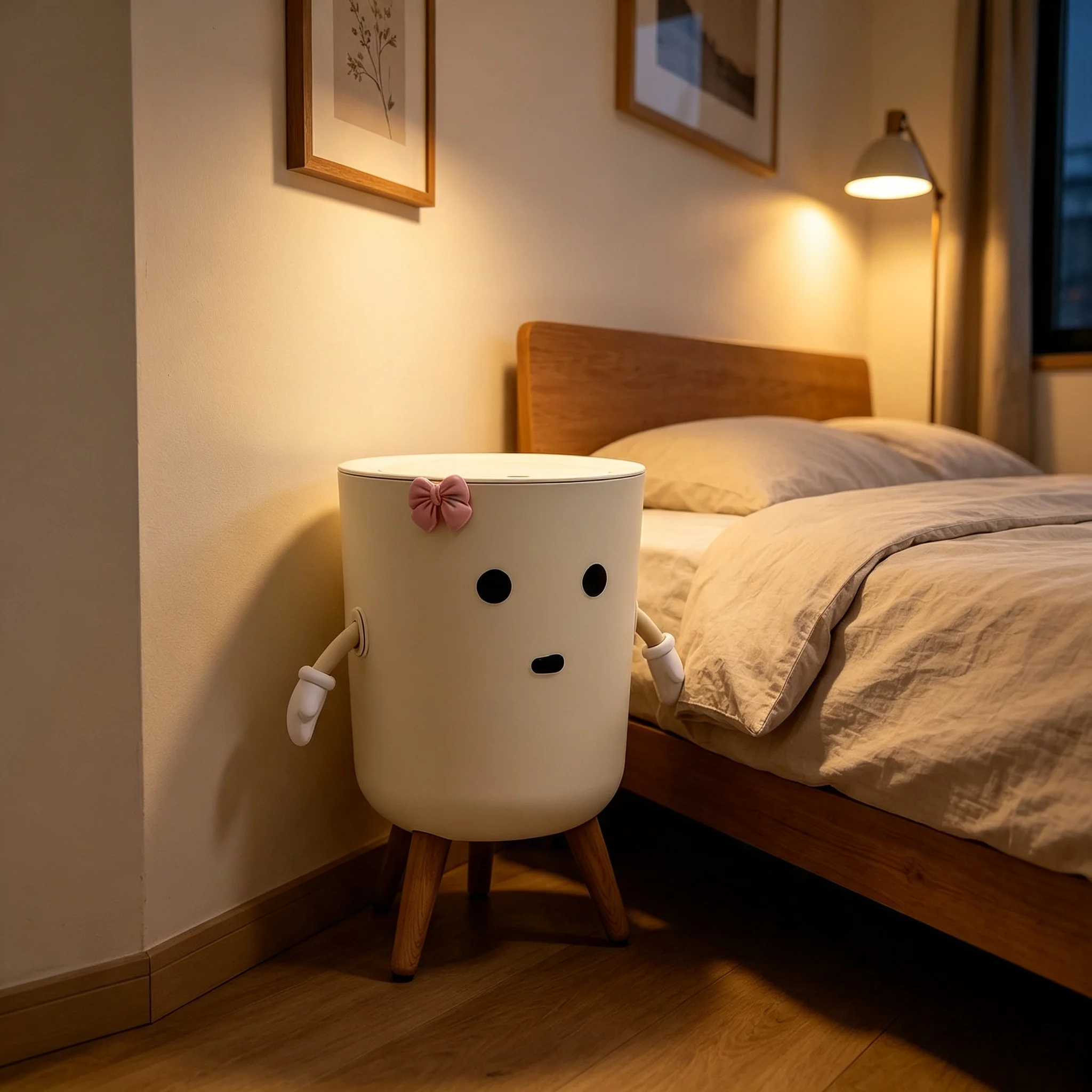 Aesthetic Cute Cartoon Trash Can, Press‑Lid Lidded Waste Bin with Wooden Legs & Movable Arms, Lovely Decorative Garbage Bin for Bedroom, Dorm, Bathroom, Office