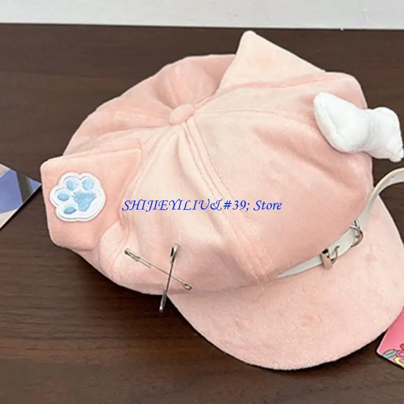 E21F Fashion 2000s Cats Ear Hat Soft Cotton Octagonal Hat for Women Girl Daily Outfit Anime Theme Headwear for Winter Wear