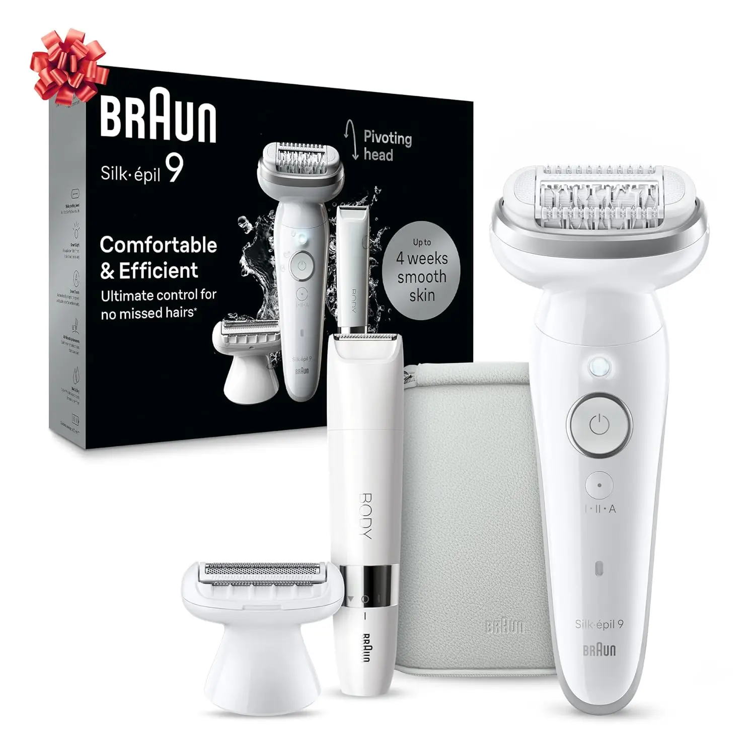 Silk-épil 9 Epilator, Pivoting Head, Wet and Dry, Holiday Gifts for Women and Men Includes Body Trimmer, Shaver Head and Trimmer