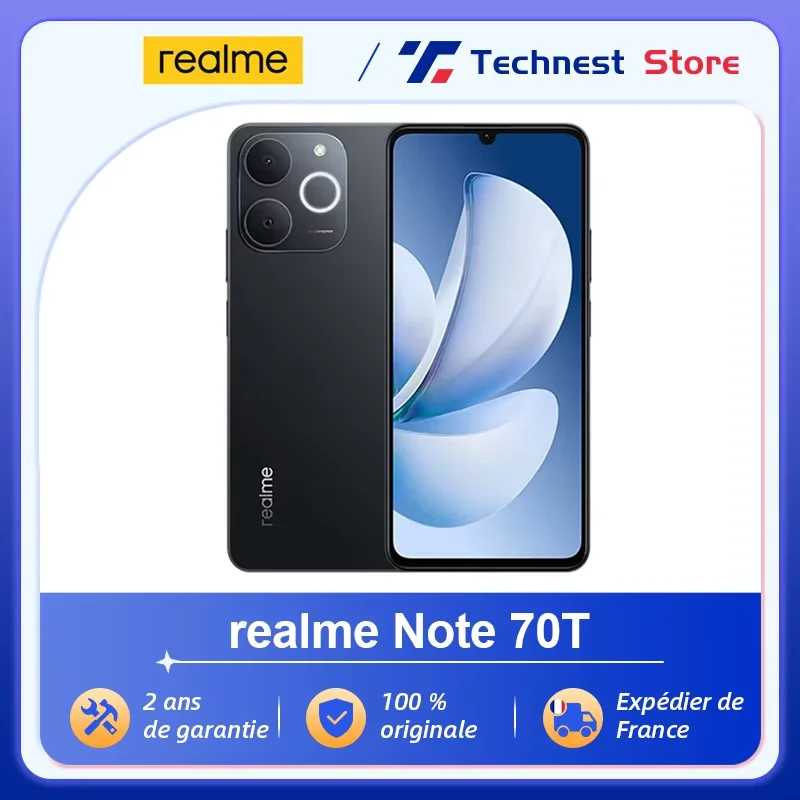 Version mondiale realme Note 70T AI Smartphone 6.75 pouces 90Hz �cran 6000mAh batterie 13MP Al cam�ra octa-core Chipset IP54