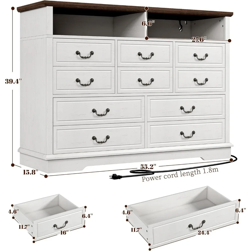 10 Drawers Dresser for Bedroom 55.2''Wide Wood Dresser Dresser with LED & Power Outlet Large Dressers & Chests of Drawers