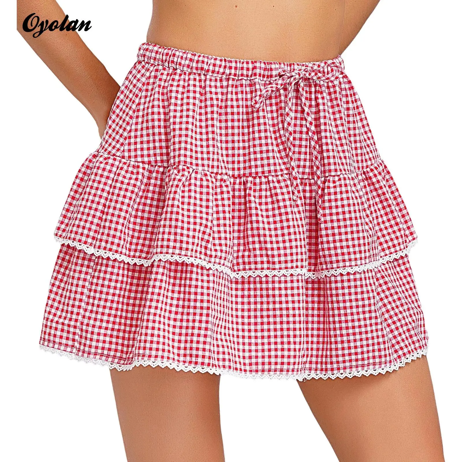 

Womens Aesthetic Plaid Gingham Ruffle Mini Skirt Casual Drawstring Elastic Waistband Plaid Tiered Frilly Layered A-Line Skirt