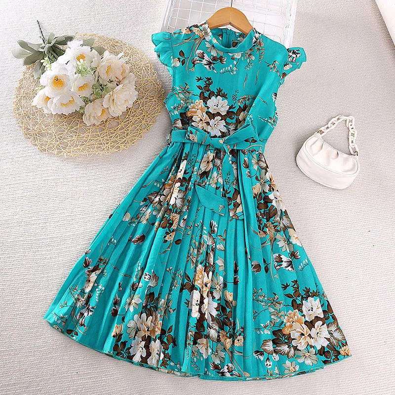 5-15Y Girls Casual Dress Summer Printed Pattern Fashion Children's Dress Flying Sleeve Round Neck Lace Up Pleated Skirt