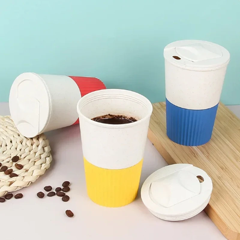401-500ML Coffee Cup Plastic Wheat Fiber Coffee Cup Travel Mug With Lid Non-slip Sleeve Outdoor Fitness Breakfast Drink Cup view 3