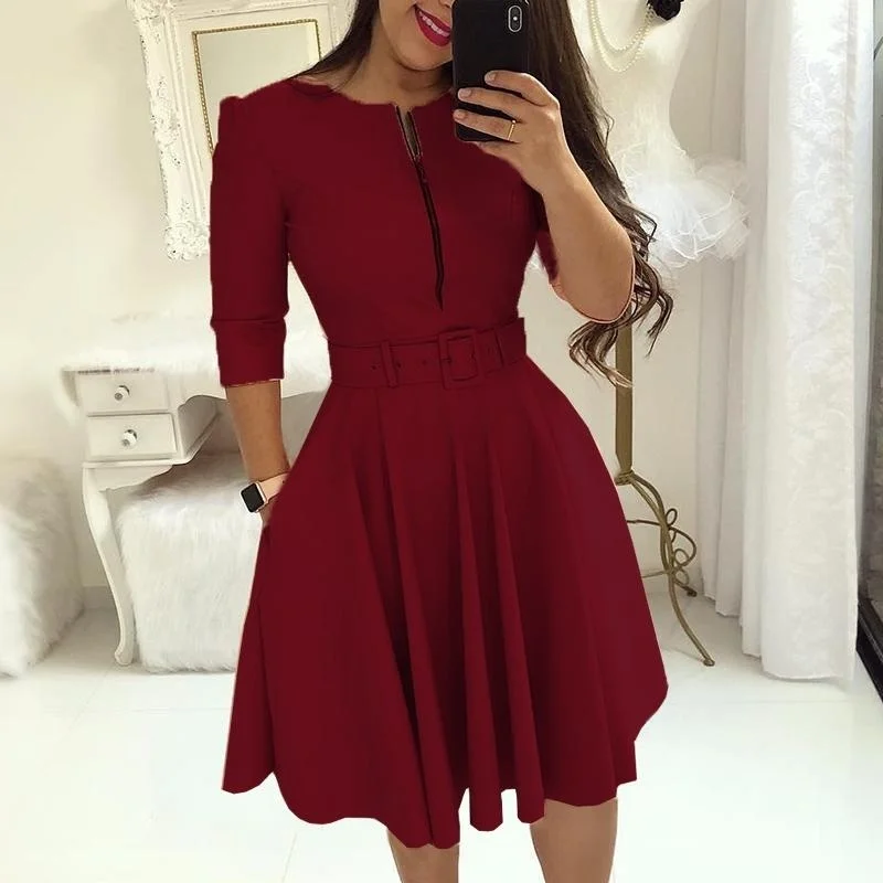 Elegant Women Solid Half Sleeve Party Dress Autumn Casual Zipper Knee-length Midi Dresses Ladies Big Swing Club Dress Vestidos