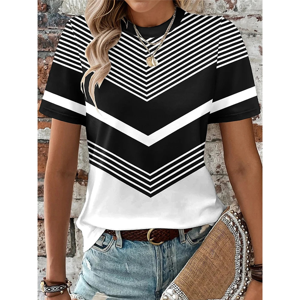 Women\'s T-Shirt 3d Stripe Line Printed T Shirt For Women Funny O Neck Short Sleeve Pullover Geometry Pattern Female Clothing