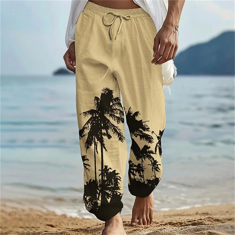 New Men's Casual Pants Hawaiian-Style Beach and Coconut Tree Print Straight-Leg Pants with Drawstring Plus Size Men's Clothing