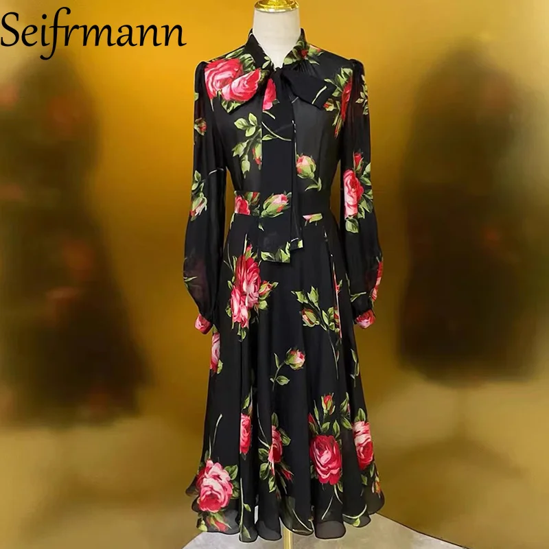 

Seifrmann 2026 Spring Women's clothing New Fashion frenulum Collar Long Sleeve Printed Silk pullover Top