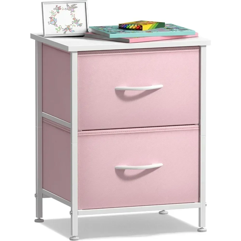 

Nightstand with 2 Drawers - Kids Bedside Furniture End Table Night Stand - Steel Frame, Wood Top & Easy Pull Fabric Bins