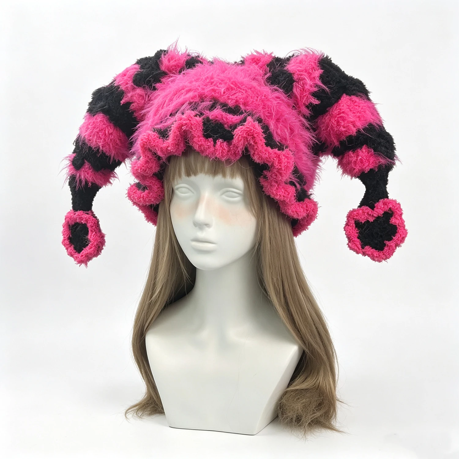 Handmade Crochet Pink Clown Jester Hat Wome Plush Star Striped Knit Beanie Cosplay Party Gothic Y2K Carnival Skullies Custom