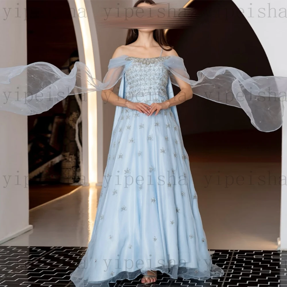 Customized Boat Neck A-Line Evening Dresses Beading Sequined Backless Floor-Length Prom Gown Modern Tulle Long Party Dress