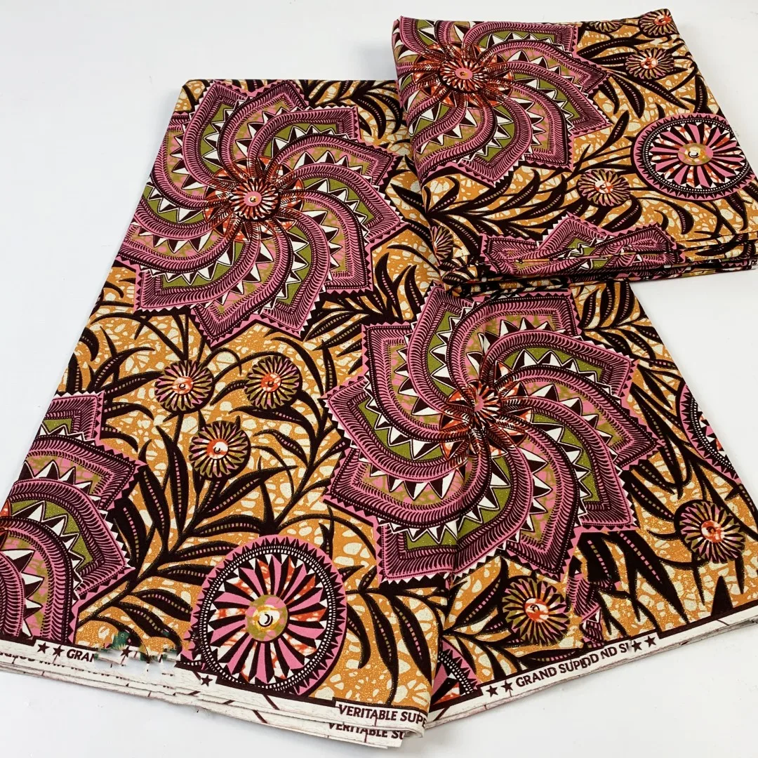 New Nigerian African Wax Fabrics Cotton Print Wrap Batik Ankara High Quality Original Pagne Veritable Super Golden Material Y76G