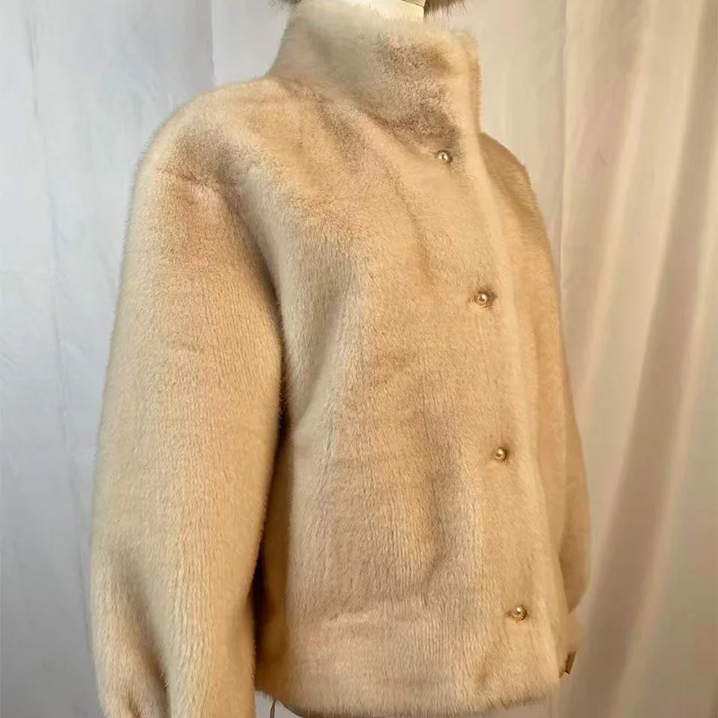 Winter Women's Faux Mink Fur Jacket American Casual Fashion Stand Up Collar Pearl Single Breasted Warm Plush Thicken Overcoat 2