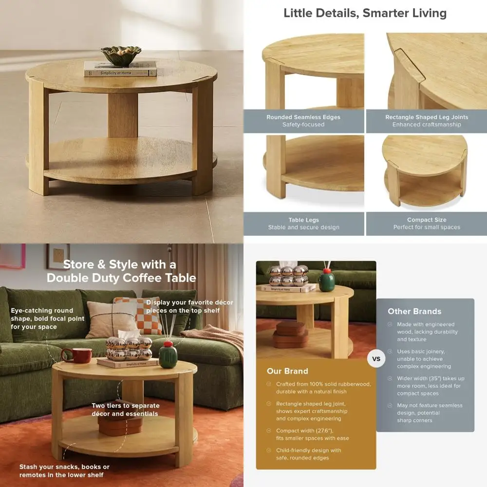 

Modern Farmhouse Style 2-Tier Round Coffee Table in Solid Rubberwood with Light Wire Brushed Rectangle Legs