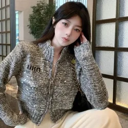 Autumn Winter Sweater Jacket Thicken Knit Cardigan Coat for Women's New High-Quality Zipper Turtleneck Sequine Tops Female Trend