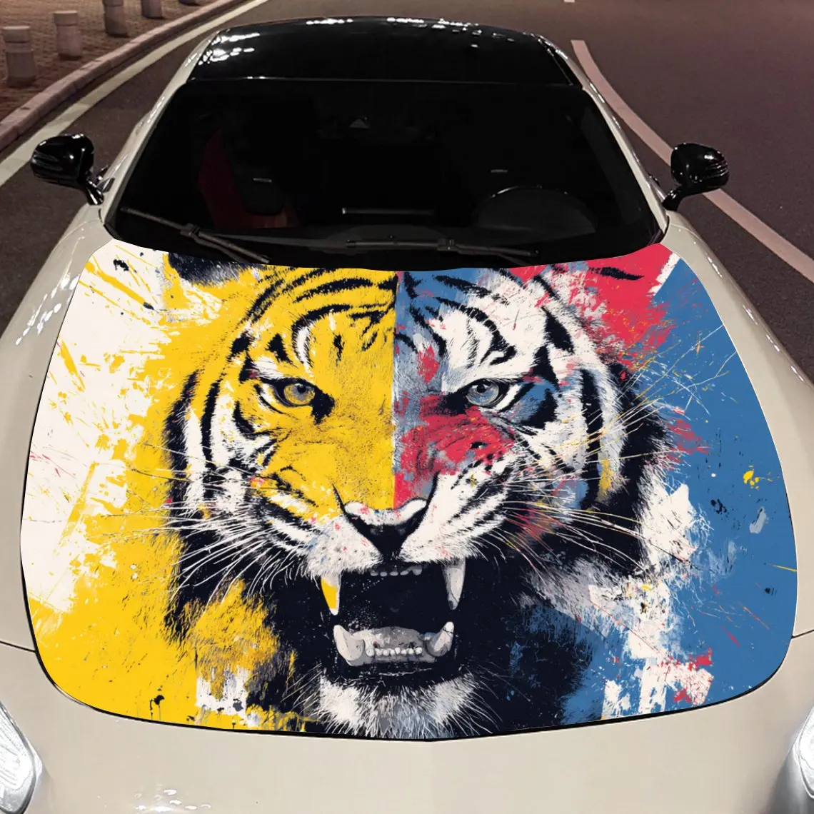 

Trendy Art Tiger Car Vinyl Wrap, PVC Material Waterproof Car Hood Sticker, Self-Adhesive Scratch-Resistant Stickers for Engine C