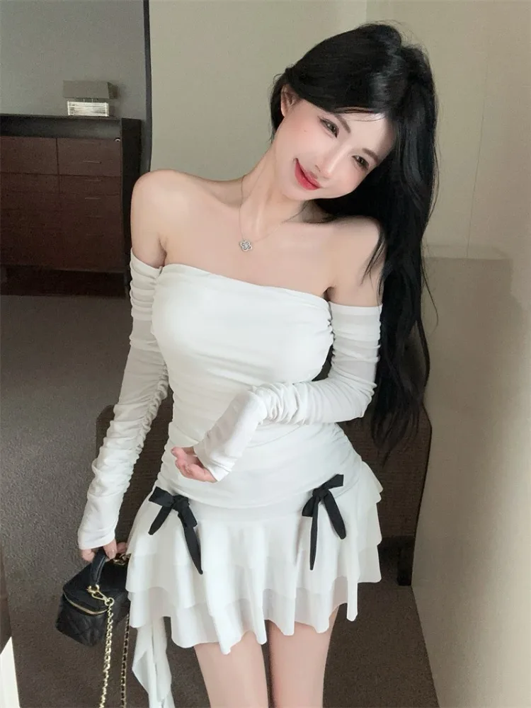 

Pure Desire Style One-Shoulder Pleated Wrap Dress Women's Autumn Cake Skirt Tight Fit Bustle Ribbon Decoration Commute Simple...