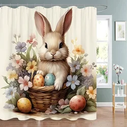 Easter Shower Curtain Happy with Bunny Eggs Vintage Style Bathroom Decoration
