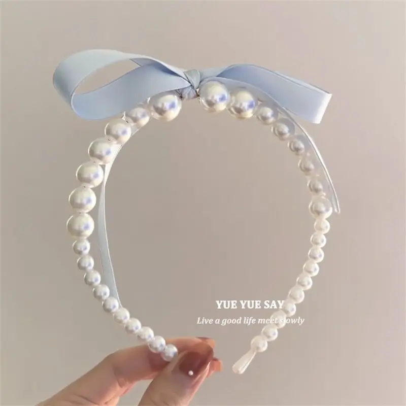 Korean Pink Satin Pearl Hair Band Cream Color Girl Bow Ribbon Sweet Temperament Headband Hair Hoop Headwear Jewelry Accessories