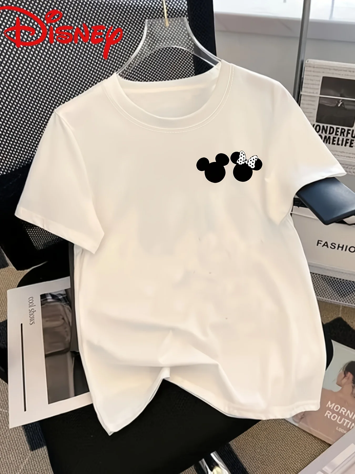 

2025 Disney Pattern Printed Women's Casual Comfortable Unique Smiling Face Black Round Neck Short Sleeve T-shirt