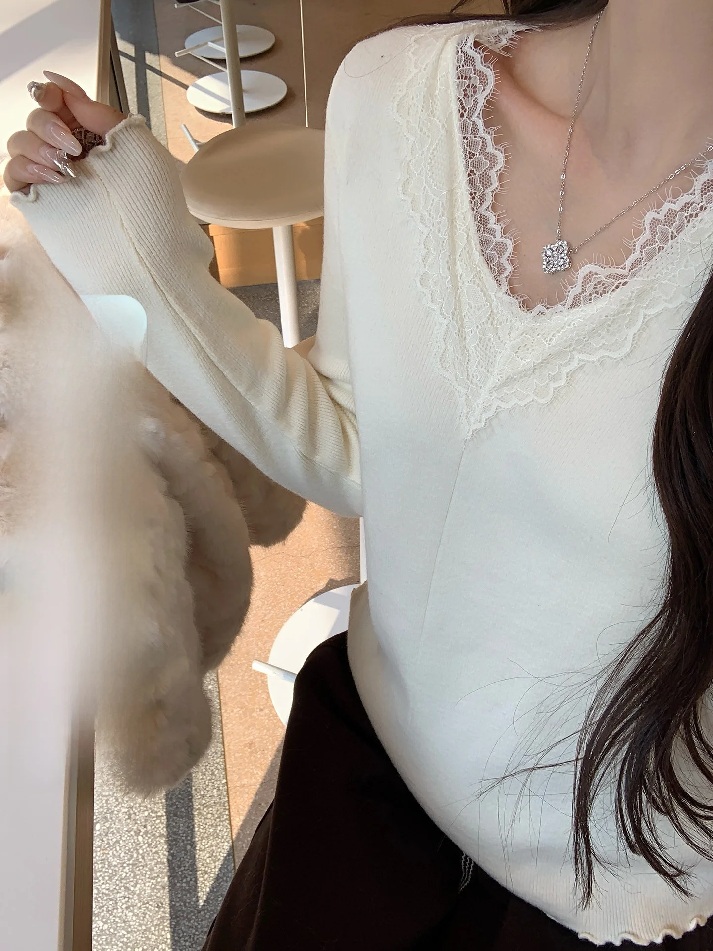 

Nora Studio вязаный свитер с кружевным воротником и V-Ne, женский базовый слой, корейский Sle, кружевной дизайн Pure Desire, повседневная одежда