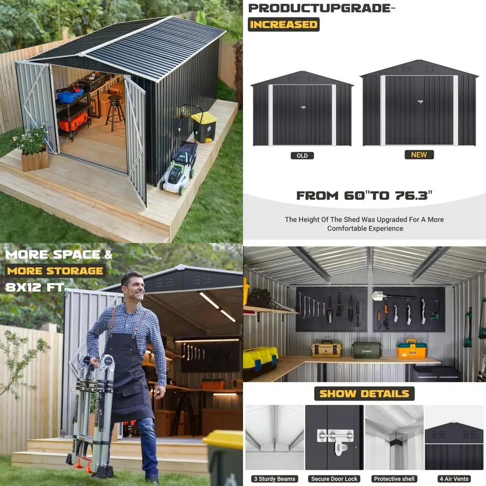 "سقيفة تخزين معدنية خارجية، 8 × 12 قدم، هيكل إطار محدث، مثالية للحديقة والفناء والحديقة"