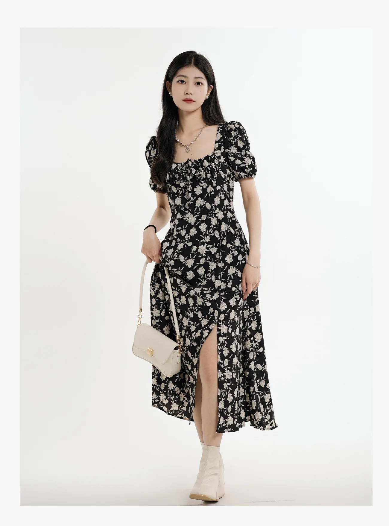 Summer 2023 Floral Dress Korean Fashion Chiffon Midi Dress for Women Square Collar Princess Floral Print Sling Dress