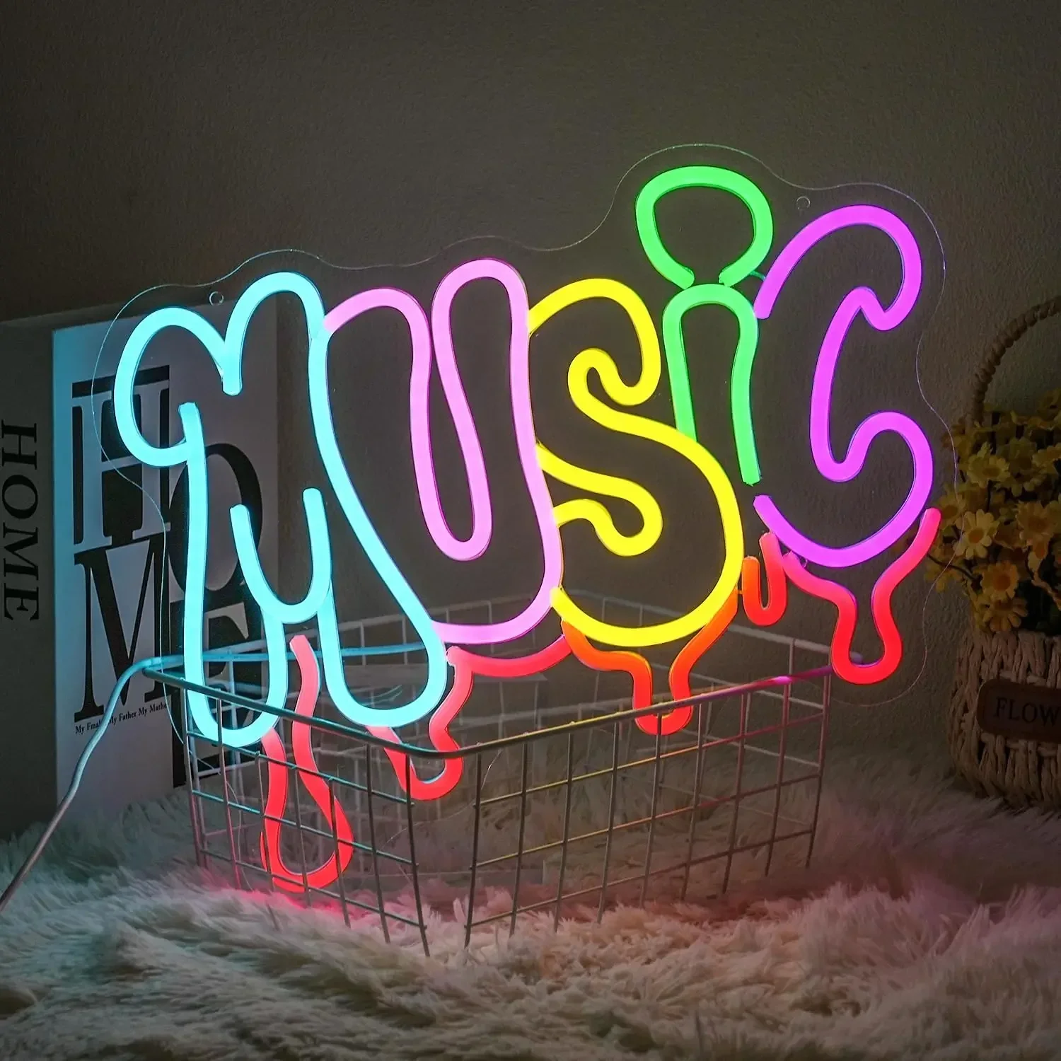 Music Neon Sign LED Wall Art Cursive Script Guitar  USB Powered Dimmable Light Studio Home Living Room Bedroom Bar Party Decor