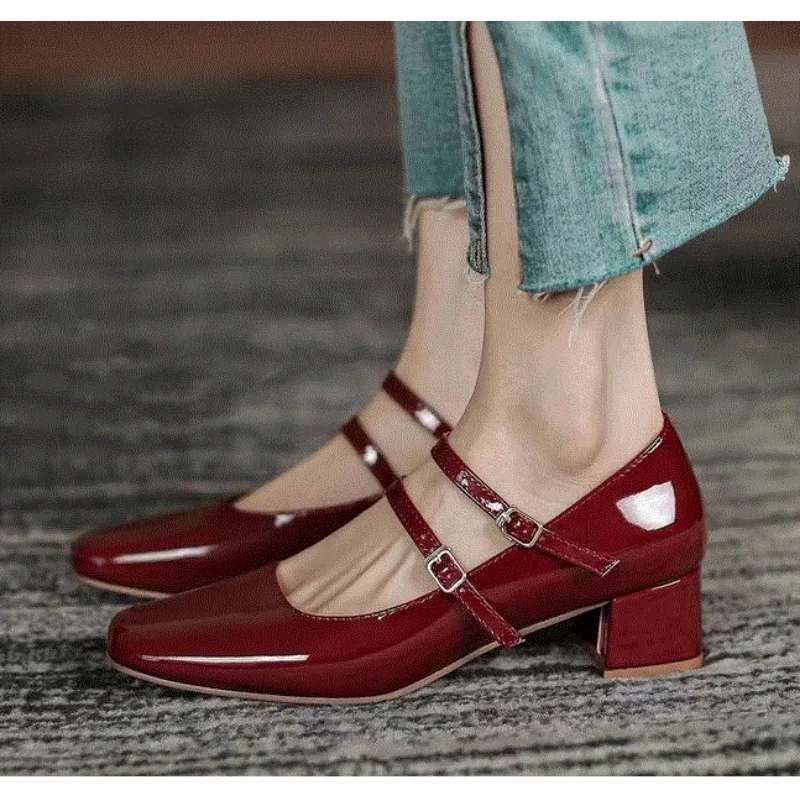 

New Women Double Buckle Mary Janes Shoes Patent Leather Dress Square Head Square Heel Solid Color Women's High Heel Pumps