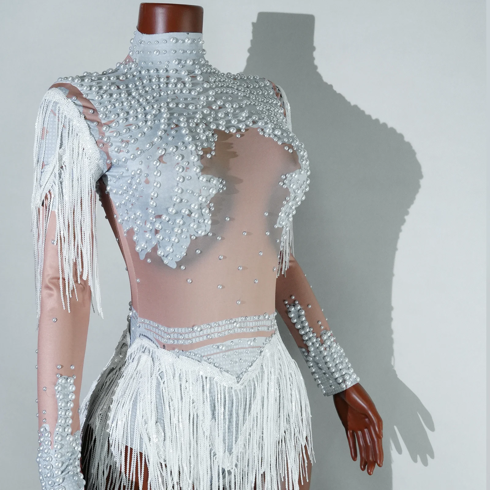 New White Pearl Fringes Bodysuit Red Rhinestone Sequin Tassel Birthday Party Nightclub Dance Stage Performance Costume Outfit