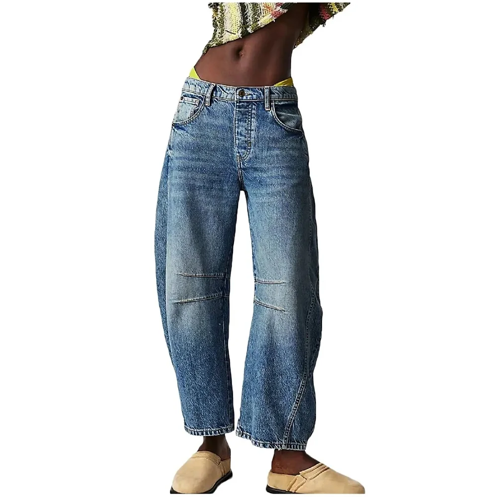 Women Baggy Mid Waist Jeans Wide Leg Loose Boyfriend Denim Pants Straight Leg Cropped Barrel Jeans