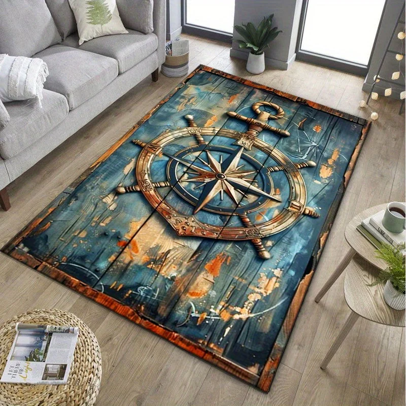 Nautical Compass Rug for Seaside Homes - Vintage Ship Wheel Design Carpet Perfect for Coastal Decor or Nautical Themed Rooms