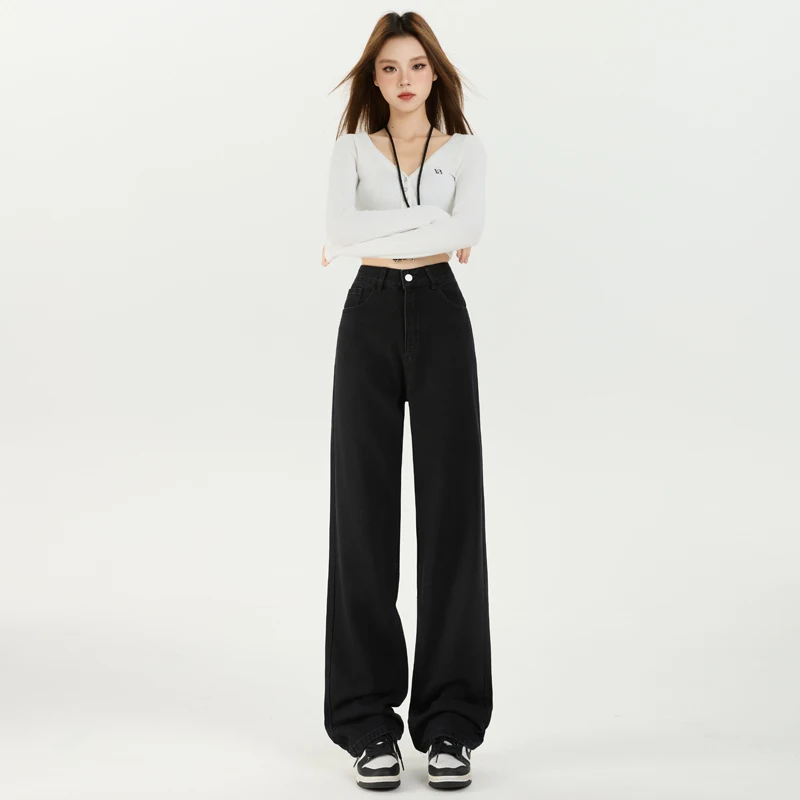

Comfortable Womens High Waisted Jeans Skin Friendly Leisure Vintage Black Denim Baggy Solid Retro Street Trousers