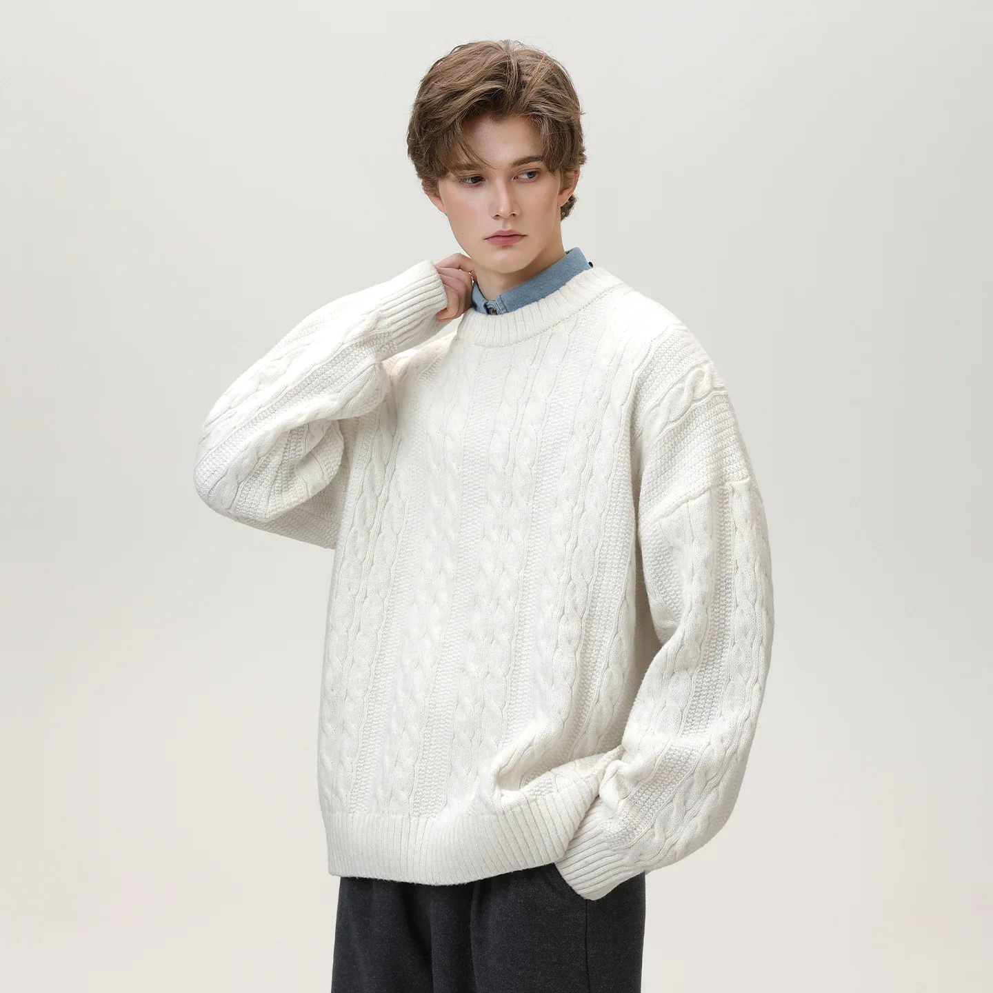 Casual Fashion Cable Knitted Sweater Men and Women Heavyweight Crewneck Pullover Winter Thicken Solid Color Basic Knitwear