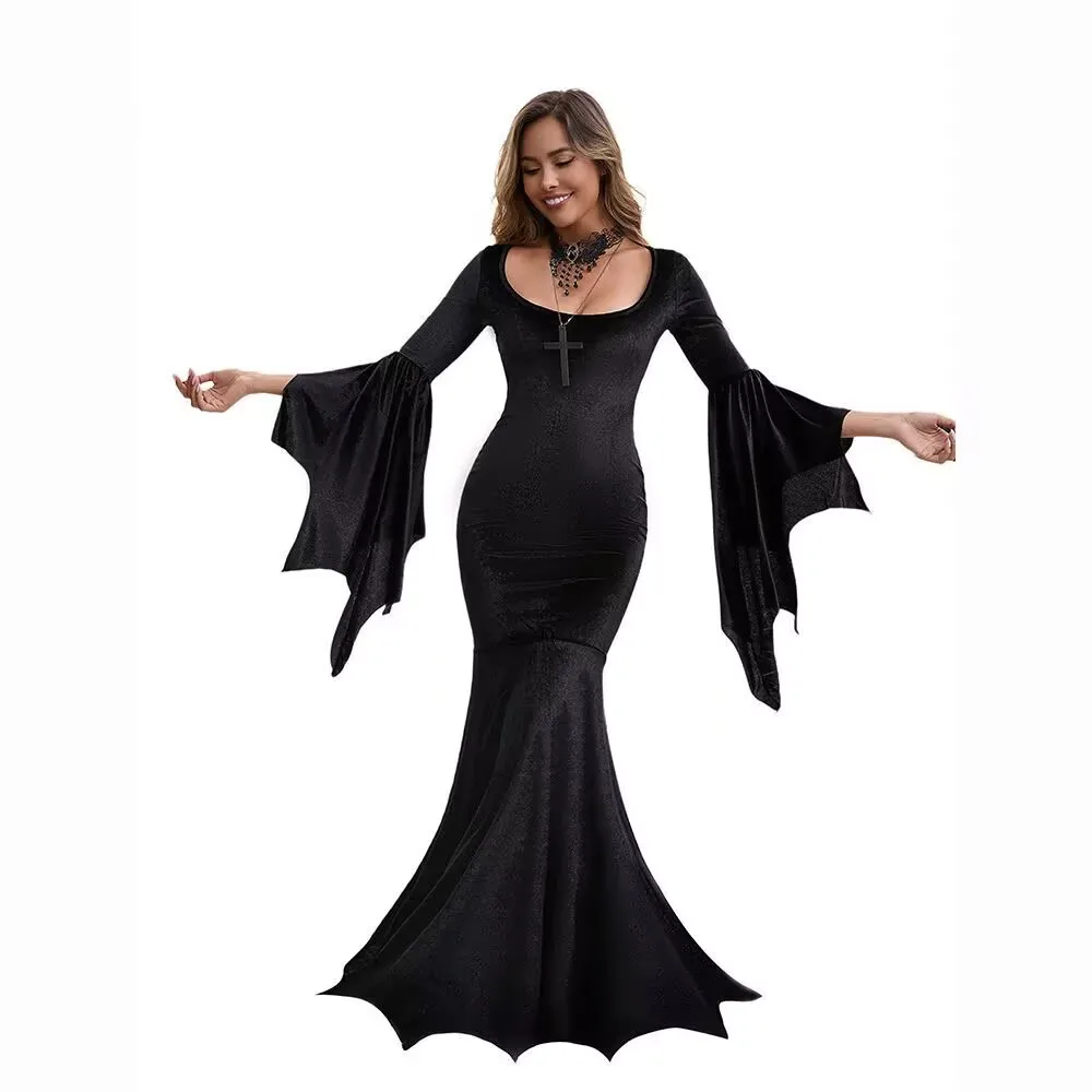 Disfraz de Bruja para Mujer, Vestido Gótico Retro Negro Estilo Morticia, Disfraz de Sirena para Halloween, Carnaval, Vampiresa, Novia, Juego de Roles
