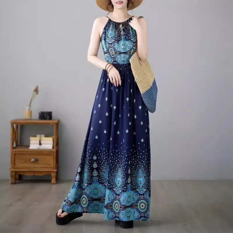 

Boho Clothes Women's 2024 Summer Artistic Ethnic Style Dress Sleeveless Big Swing Fashion Holiday Style Printed Long Dress K1040