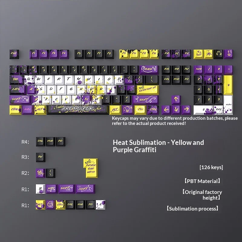 Yellow Purple Graffiti Keycap Heat Sublimation Original Factory Small Full Set 126 Key PBT Customization
