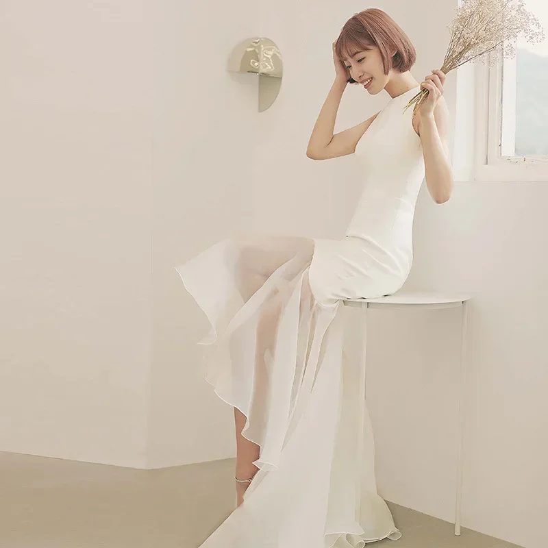 Fotografia di viaggio Abito da sposa leggero Nuovo temperamento bianco Elegante aderente Banchetto Party Host Abito da sera lungo da donna