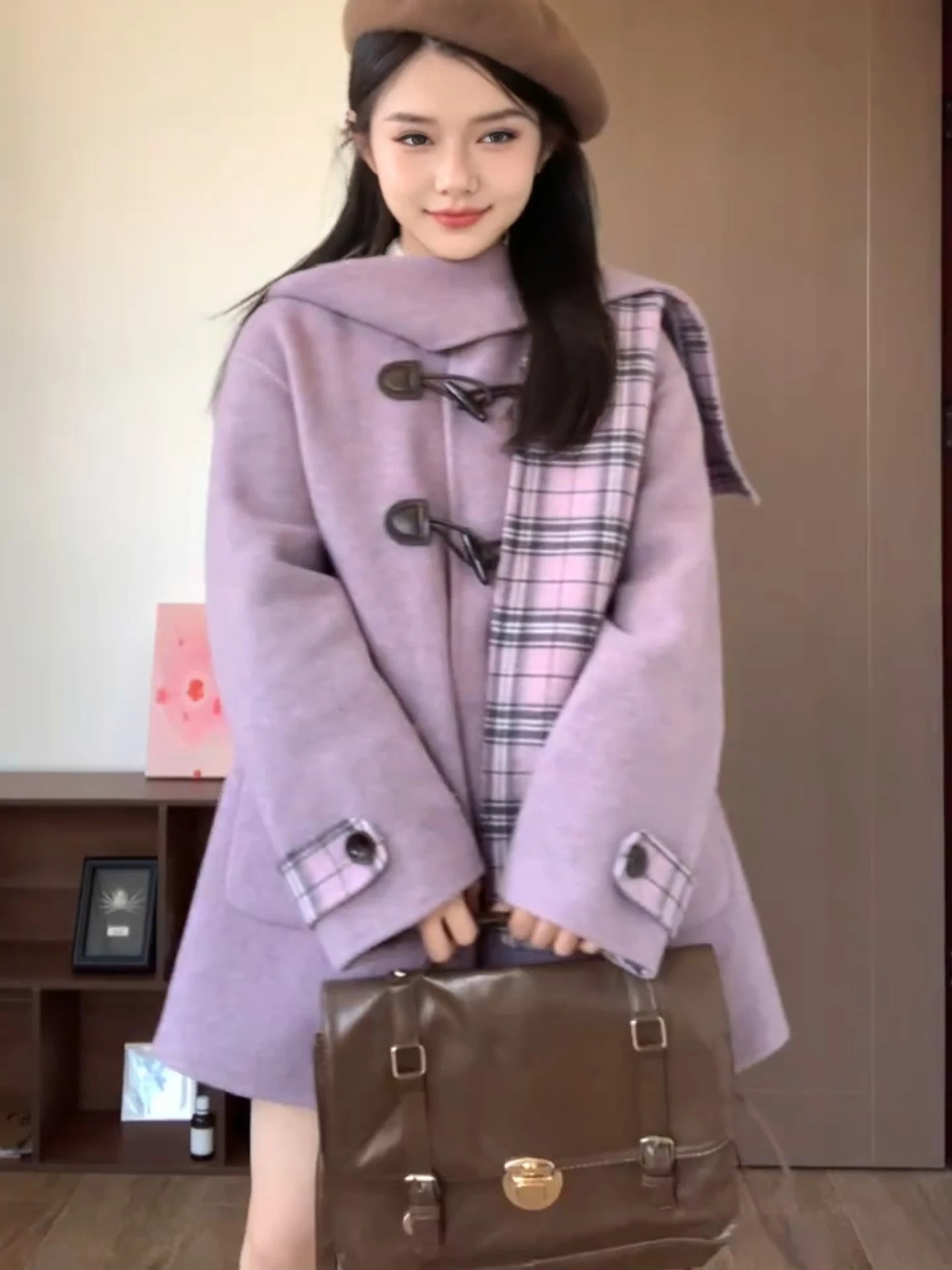 

Korean Sle Plaid Splicing Woolen Coat Women's Autumn Winter Gentle Sle Small Size Super Beautiful Trendy Coat