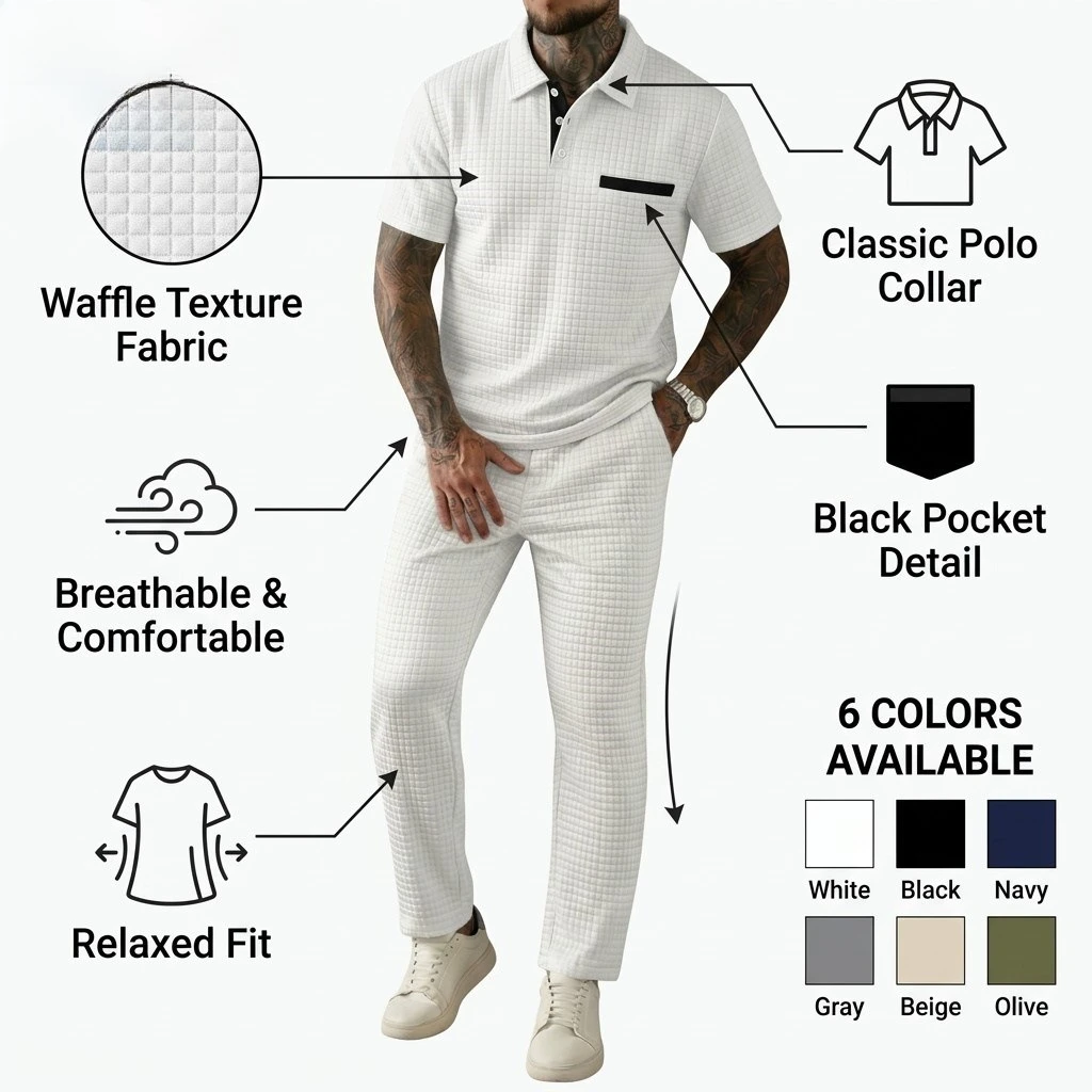 2026 Summer New Solid Color Waffle Men's Casual Short-sleeved POLO Shirt and Trousers Set